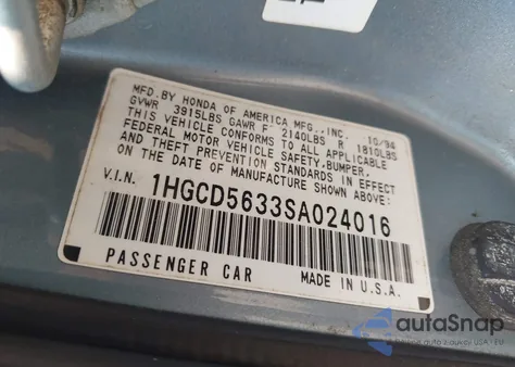 1995 Honda Accord Lx/Ex from USA, damaged, VIN 1HGCD5633SA024016